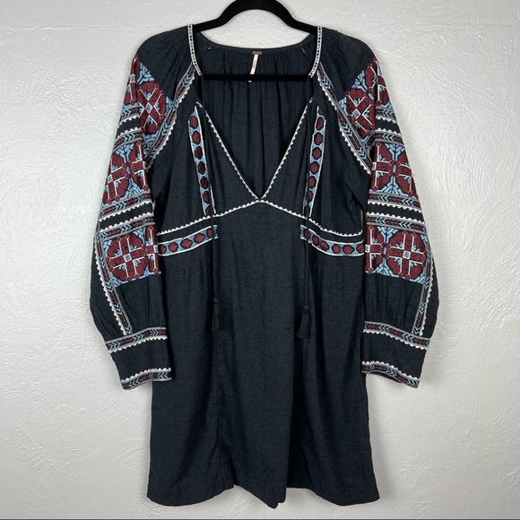 Free People All My Life Embroidered Black Smocked Long Sleeve Mini Dress XS - Picture 3 of 14
